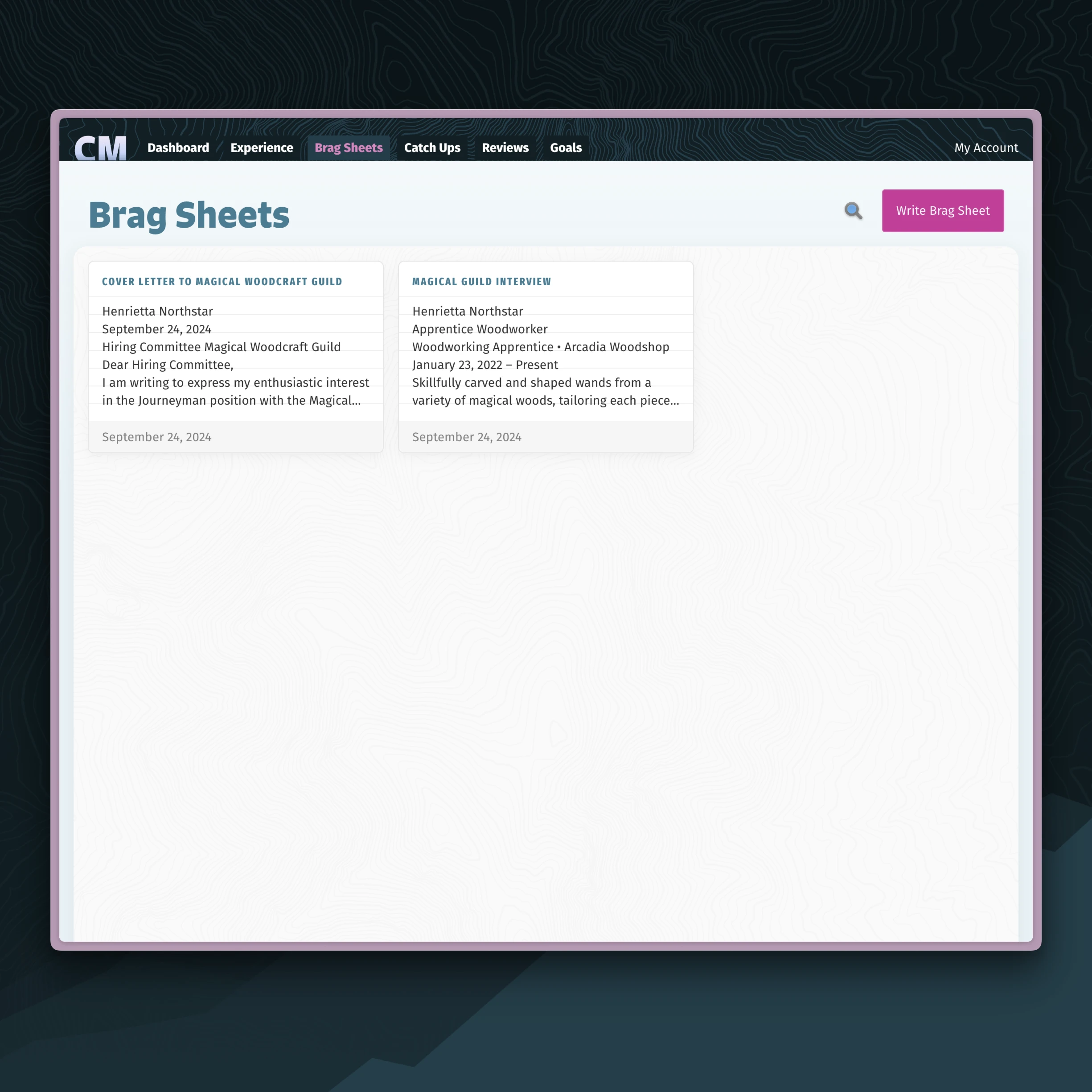 Career Minder&rsquo;s Brag Sheets page with a couple Brag Sheets and a Write Brag Sheet button